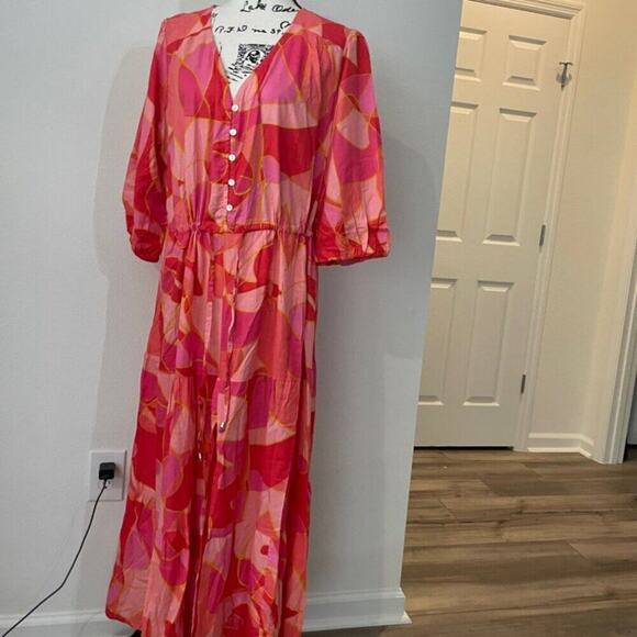 SMOCKED MAXI DRESS Sz 3XL PINK/ORANGE TIERED 3/4 Sleeve BOHO CHIC 100% RAYON - Picture 8 of 16